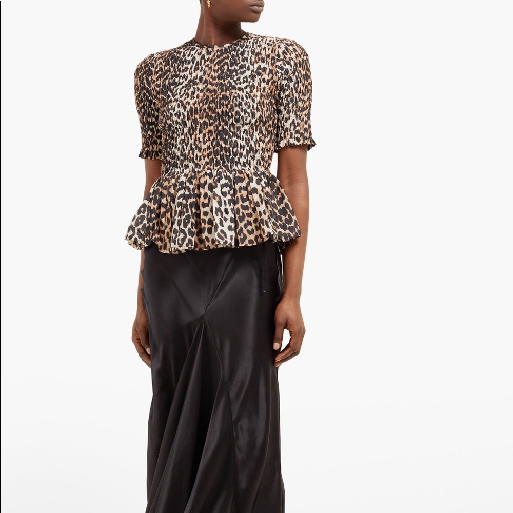 Ganni smocked leopard top